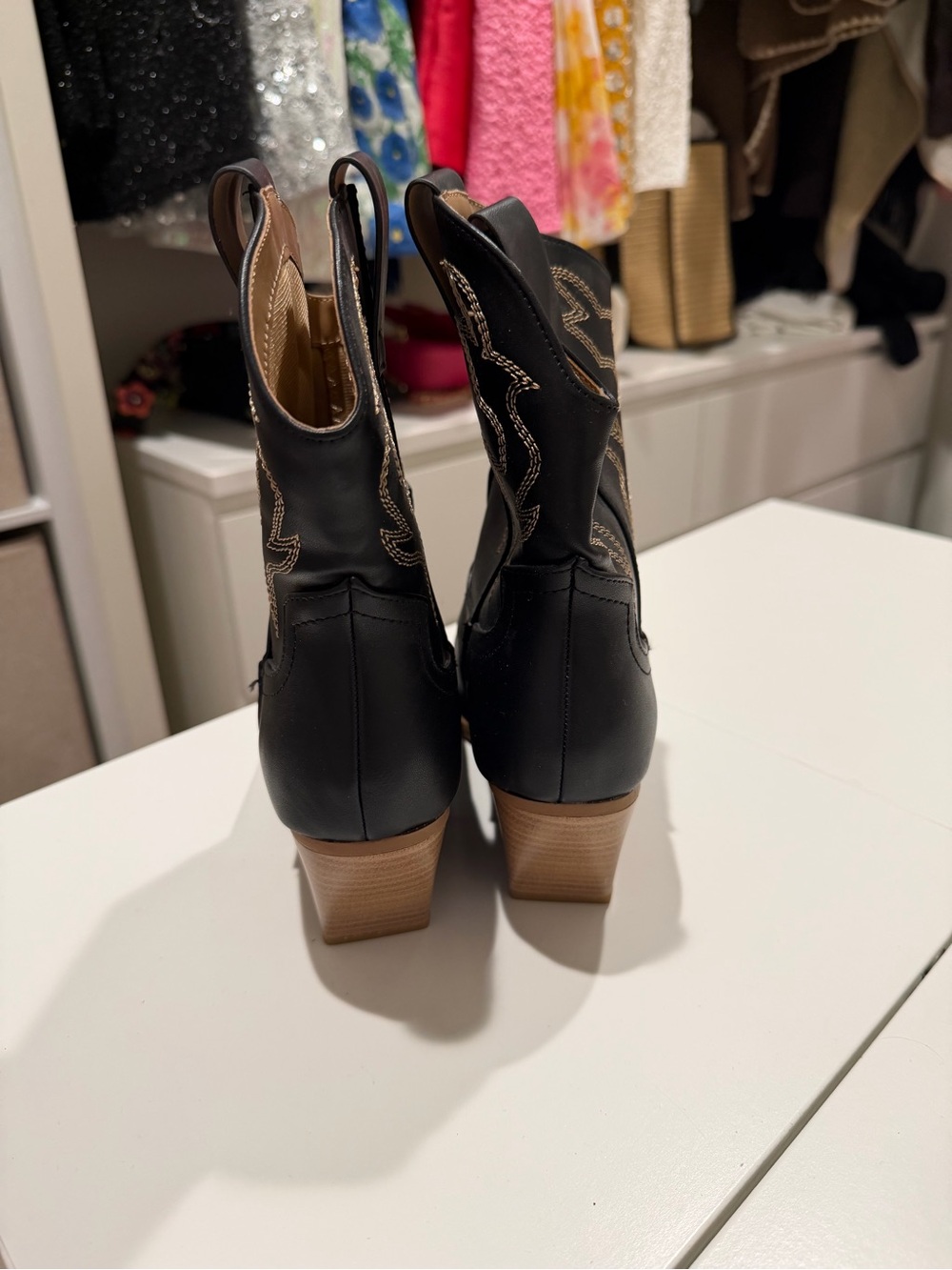 Soda Black Western Ankle Boots with Tan Stacked Heel - Picture 3 of 5